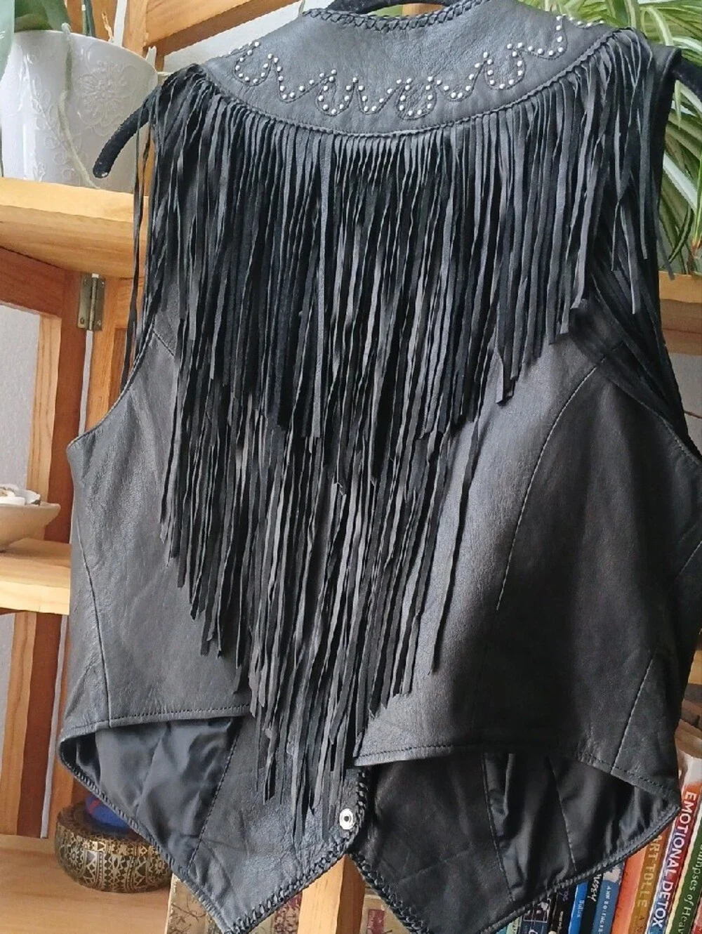 Sz. M - Black Leather Fringe Vest with Stud Accents